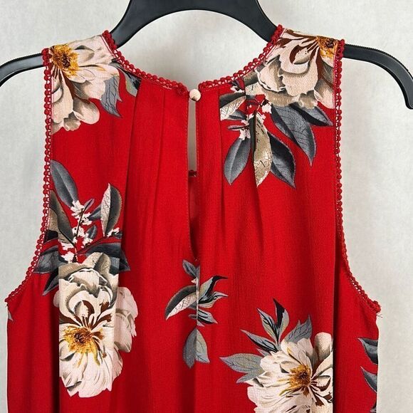 Umgee Red Floral Sleeveless Swing Dress Sz Medium Shift Lined Pleats Mini Spring - Picture 6 of 11